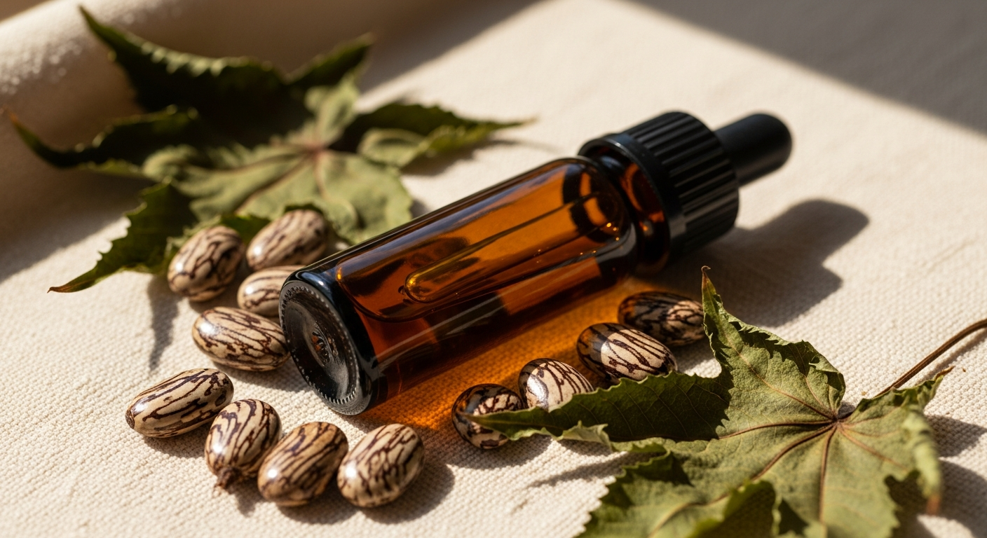 Amber dropper bottle of castor oil with castor beans and Ricinus communis leaves on cream linen