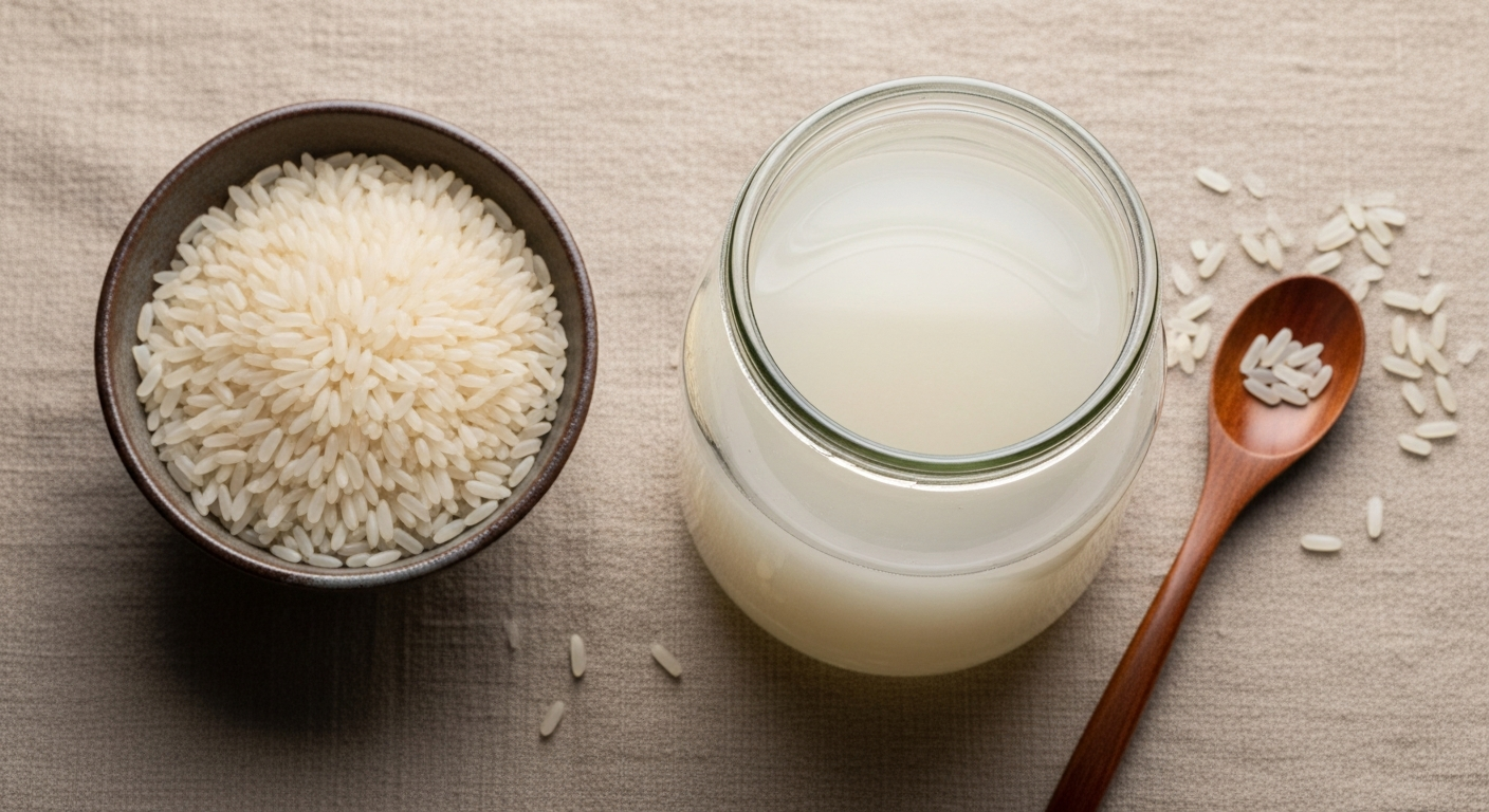 Clear glass jar of fermented rice water beside a bowl of white jasmine rice and a wooden spoon on linen