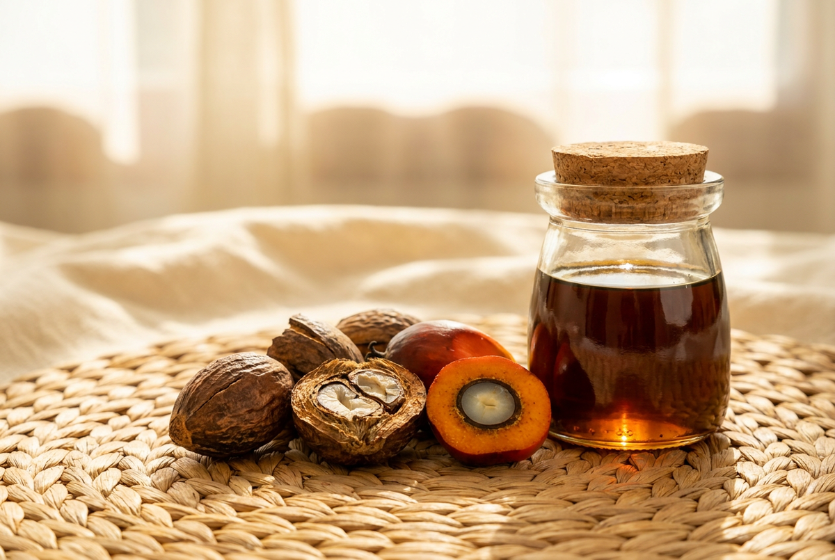 Oil palm nuts and fruit on a woven mat beside a jar of dark batana oil