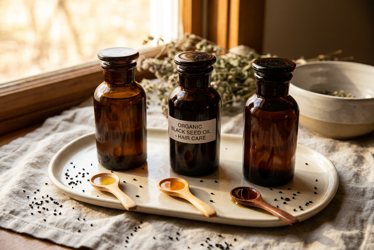 Three black seed oil bottles with spoons showing oil color from pale gold to deep amber