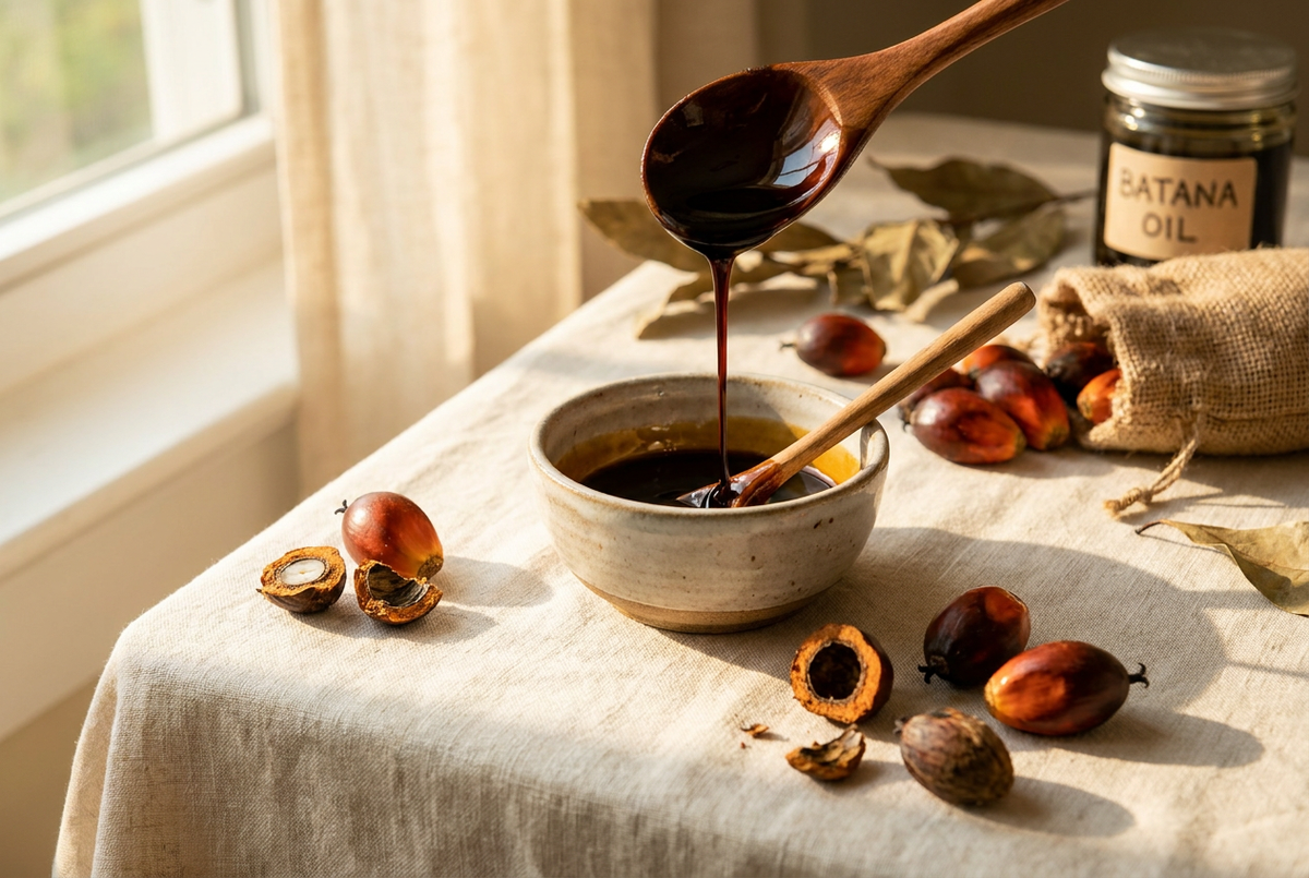 Dark unrefined batana oil in a ceramic dish with raw palm nuts on cream linen